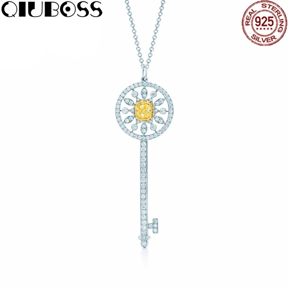 QIUBOSS Блестящий Кристалл ключ Дизайн TIFF 925 пробы серебряный кулон Цепочки и ожерелья Лидер продаж Модные украшения