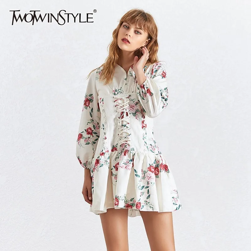 

TWOTWINSTYLE Floral Print Womens Dresses V Neck Lantern Long Sleeve Bandage High Waist Dress For Women 2019 Fashion Clothes