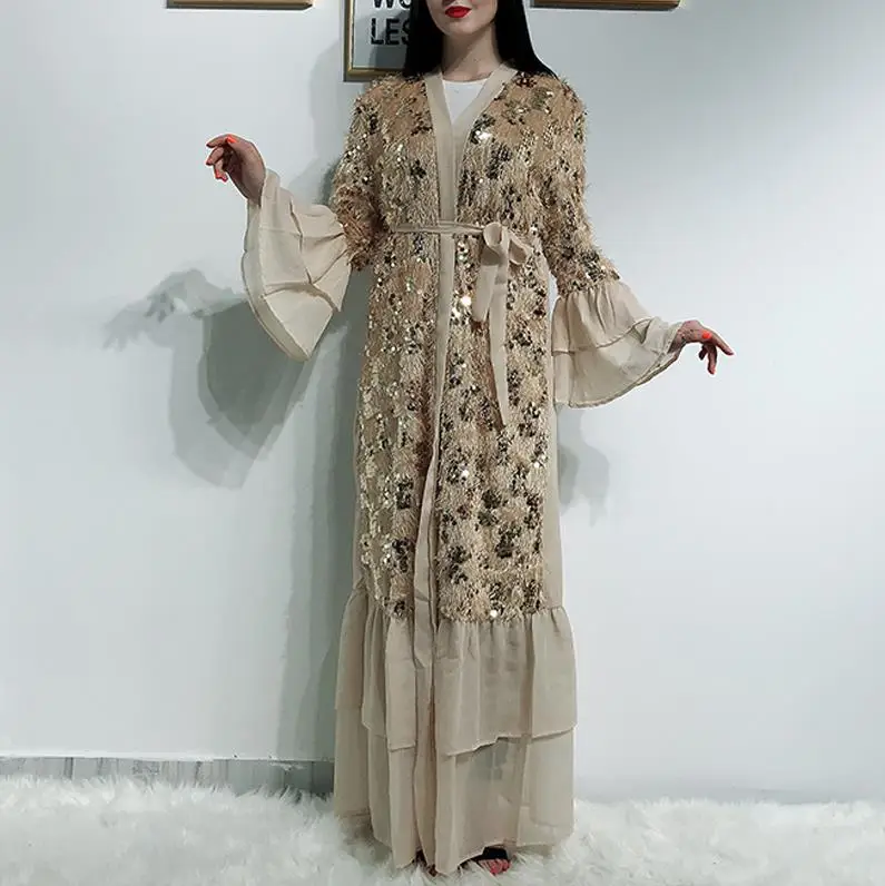 Блесток кимоно с бахромой платье Дубая исламский, мусульманский платье хиджаб Абая для женщин Восточный халат из марокена турецкий Ислам ic Костюмы Халат - Цвет: Champagne cardigan