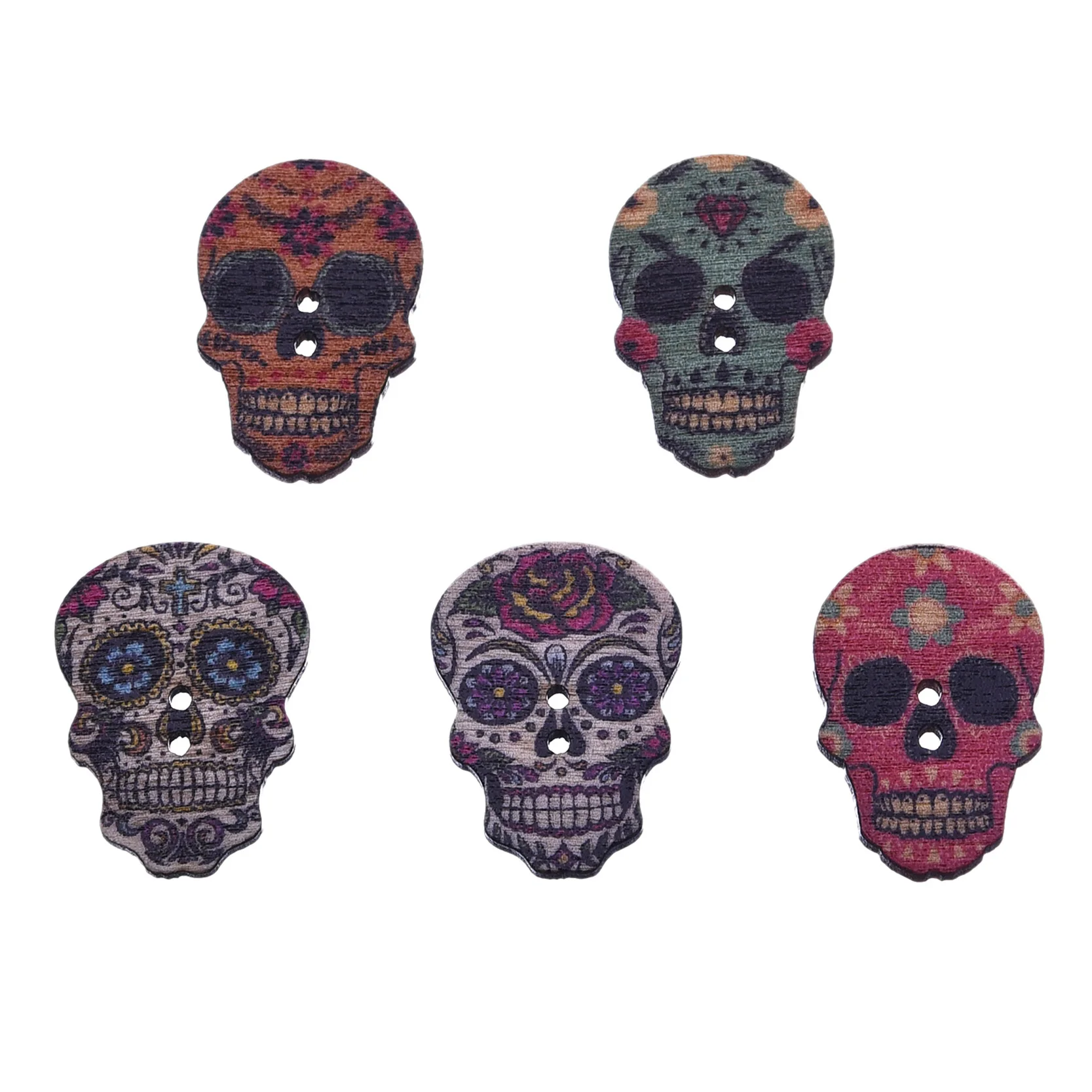 

50Pcs Wooden Buttons Multicolor Skull Skeleton Sewing Buttons 2-holes Scrapbooking Decor