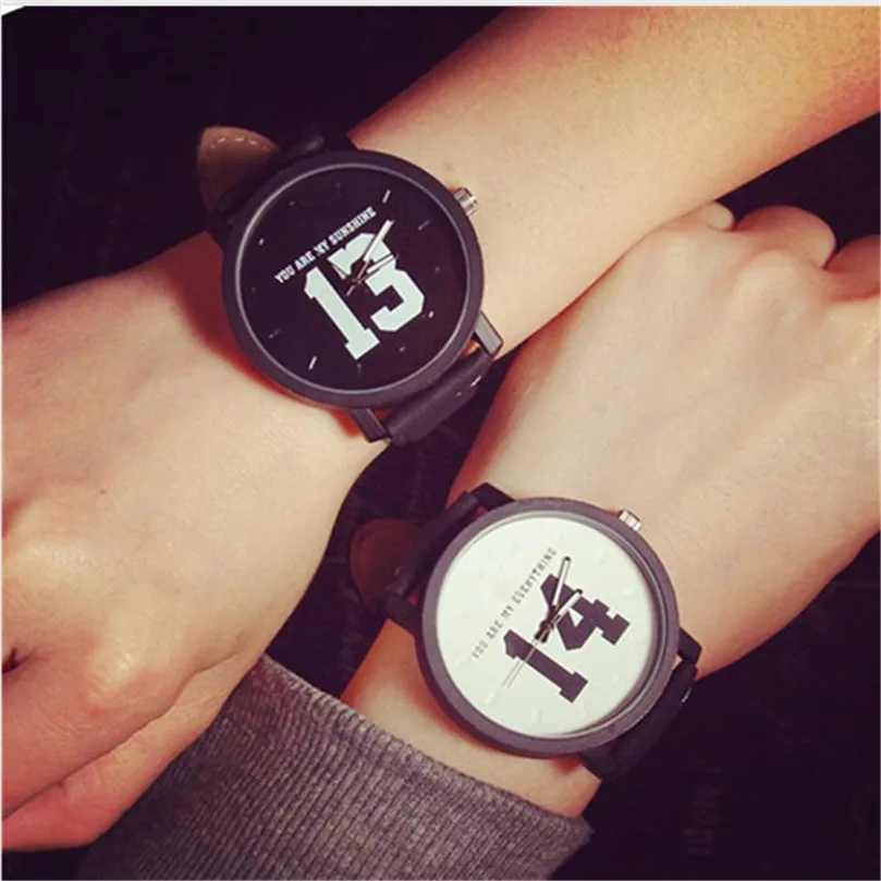 Прочные Модные мужские и женские часы,, кварцевые аналоговые черные наручные часы с кожаным ремешком с номером 13 и 14