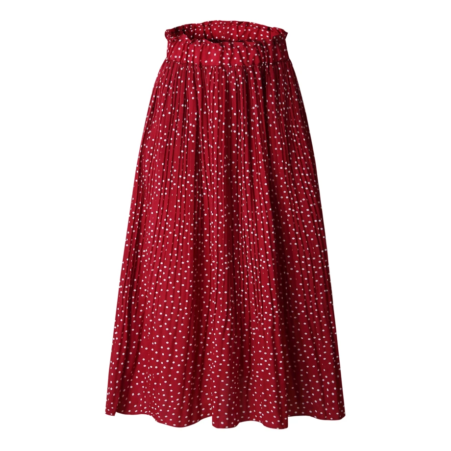 

Women Skirt Polka Dot Printed Pleated Long Skirts Casual Womenhigh Waist Elastic Pockets Skirt Summer Holiday