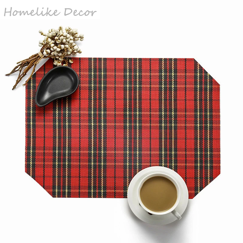 

4pcs Red Plaid Dinner Placemats Table Mat Coasters Waterproof Napkin Table Cloth Slip-resistant Pad Kitchen Table Accessories
