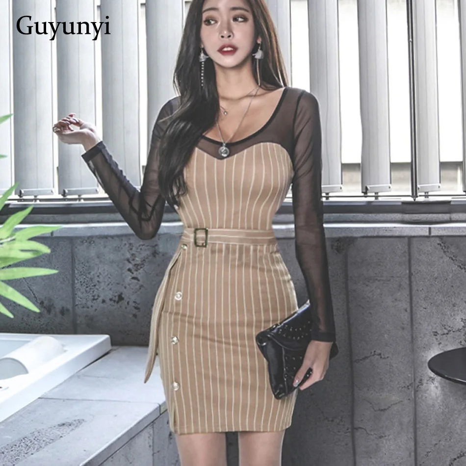 

Striped Mesh Panel Dress Women Sashes V Neck Long Sleeve Sexy Dress 2019 Party Bodycon Dress