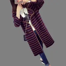 2016 Autumn Winter Latest Fashion Women Knitting Coat Elegant Temperament Loose Stripe Medium long Sweater Cardigan