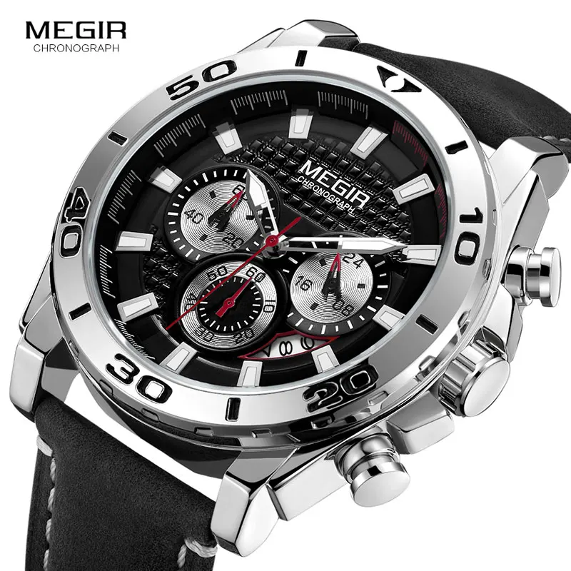 Billig MEGIR männer Armee Sport Chronograph Quarz Uhren Leder Armband Leucht Wasserdichte Armbanduhr Mann Relogios Uhr 2094 Silber