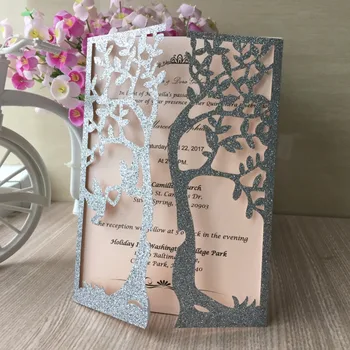 

12pc Shinny silver giltter paper wedding invitation card chic laser cut 2017 classic tree design custom size printing inner page