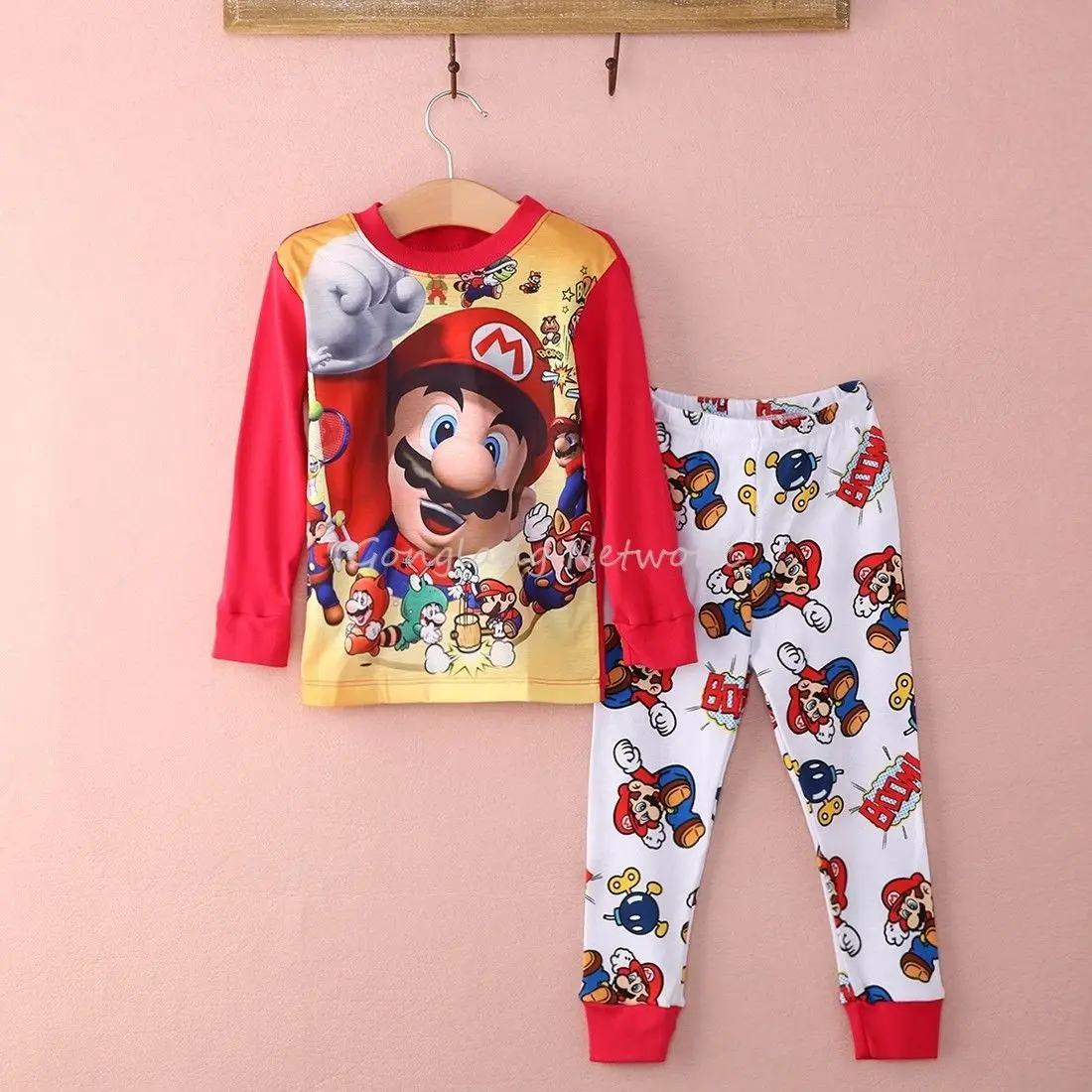 Лидер продаж, комплект из 2 предметов для маленьких мальчиков, одежда для сна с изображением супер Марио одежда для сна, пижамный комплект, пижамы для детей 1-7 лет - Цвет: Красный