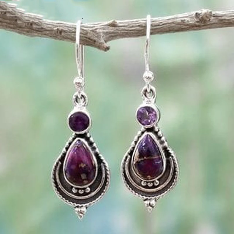 

Vintage Silver Water Drop Purple Crystal Stone Statement Earring Natural Amethysts Dangle Earrings for Women Boho India Jewelry