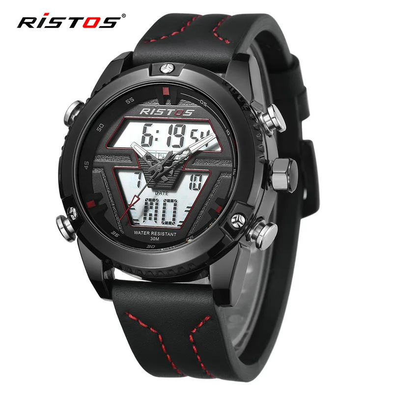 

RISTOS Digital Wrist Watches Men Led Analog Dual Display Quartz Watch Auto Date Chronograph Repeater Man Leather Wristwatch 9368