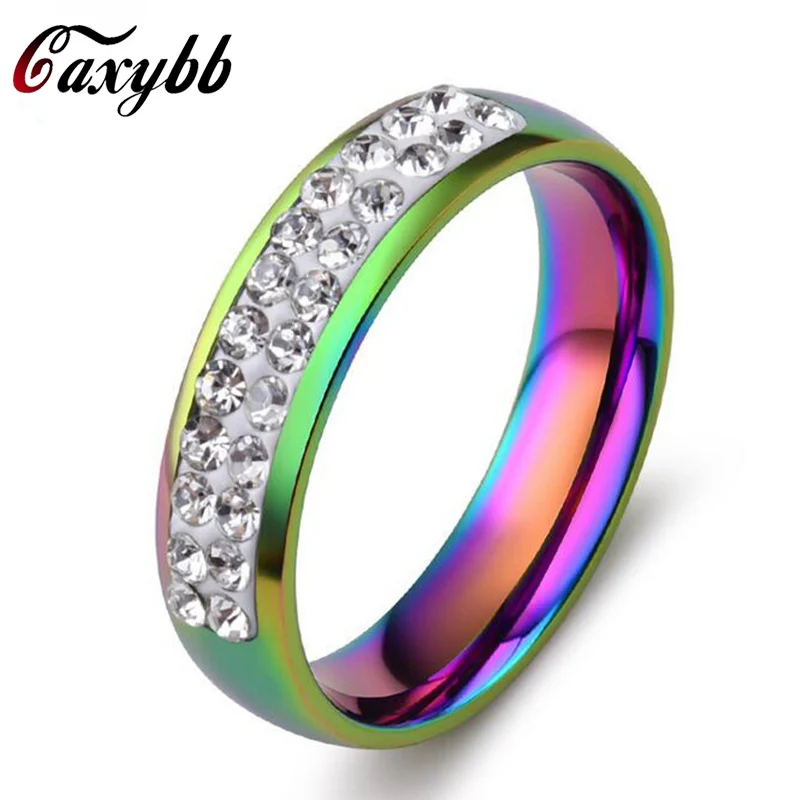 Caxybb Fashion Crystal Rainbow Wedding Rings Lovers 925 Sterling Silver Ring for women Cubic