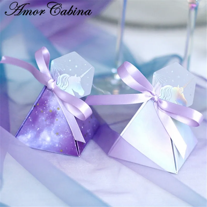 Детский душ фиолетовый треугольная пирамида звездное небо Свадебные Сувениры Конфеты Коробочки bomboniera вечерние Подарочная коробка шоколадная коробка+ ленты+ метки