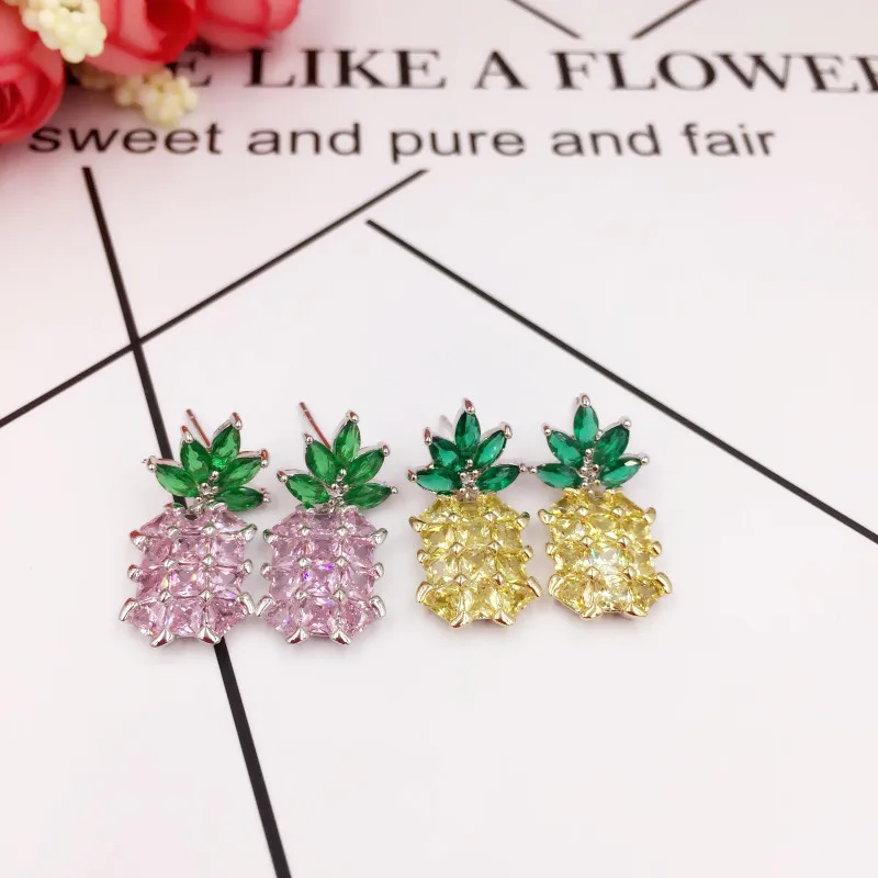 

925 Silver Needle Zircon Pineapple Earrings Tropical Fruit Stud Earring Women Lovely Sweet Jewelry Wedding Friend Gift