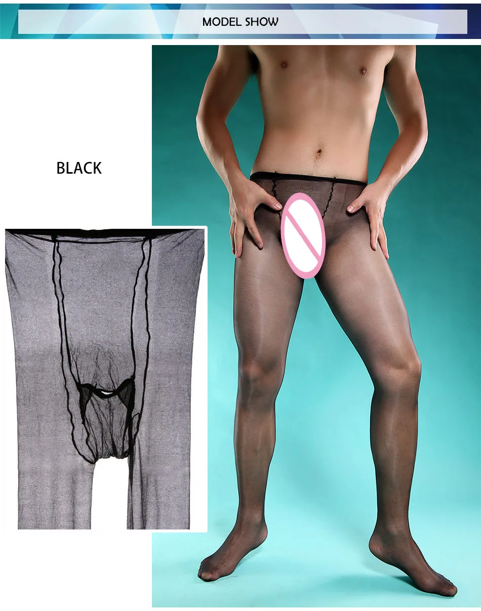 Men Sexy Oil Shine Full Sheer Opening Crotch Front Fly Pantyhose Tights Socks Lingerie