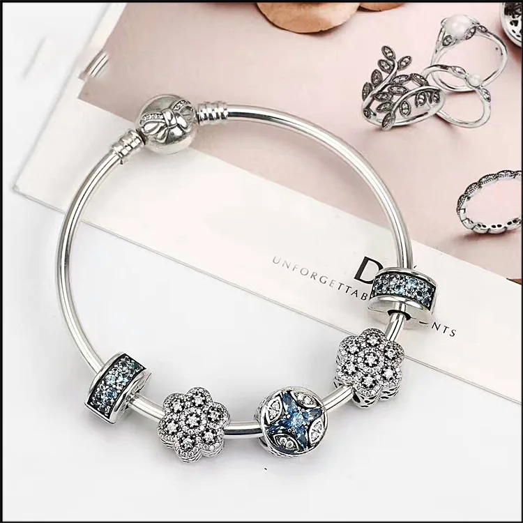 

925 Sterling Silver Pan Bangle Dainty Bow Clasp Crystal Snake Chain Basic Bracelet Bangle Fit Women Bead Charm Jewelry