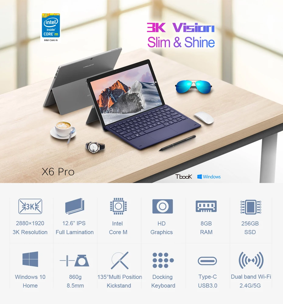 Teclast X6 Pro Tablet Netbook Windows 10 Touch Screen Intel M3-7Y30 8GB RAM 256GB SSD 12.6 Inch 2880*1920 FHD IPS USB3.0