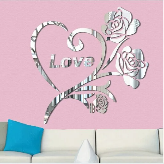 

Free shipping SWEET love rose Flower acrylic wall mirror sticker , 3D decorative mirror wall sticker for weeding bedroom deco