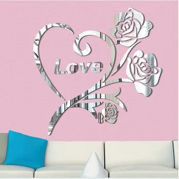 

Free shipping SWEET love rose Flower acrylic wall mirror sticker , 3D decorative mirror wall sticker for weeding bedroom deco