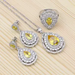 925 Серебряные комплекты ювелирных изделий для Для женщин желтый кубический цирконий белый ожерелье с каплевидными кристаллами серьги