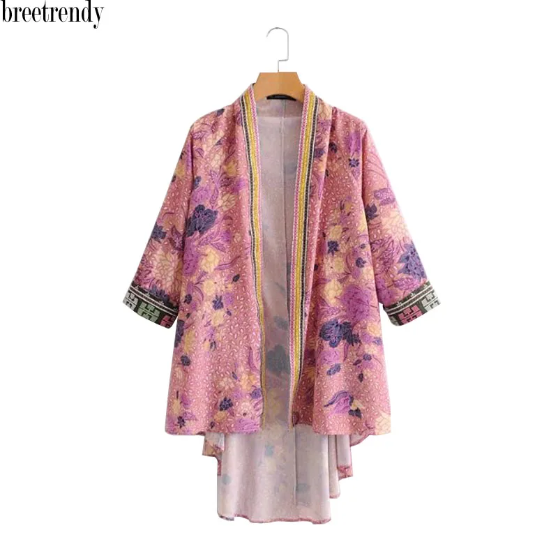 

WT140 European fashion fresh floral print color block embroidery edge kimono shirts women open stitch autumn thin jacket