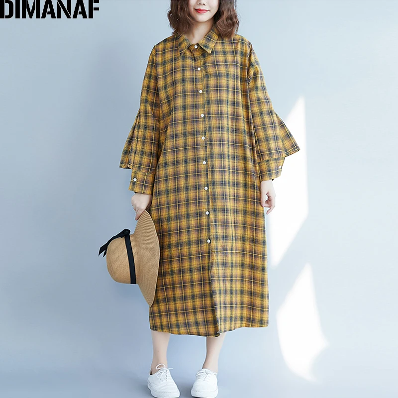  DIMANAF Women's Clothing Female Blouse Shirts Long Sleeve Linen Vintage Plus Size Ladies Tops Plaid