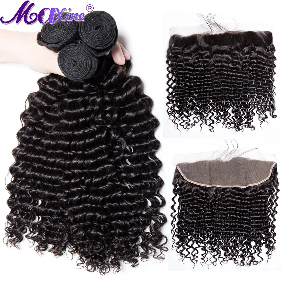 

Maxine Deep Wave Human Hair 3 Bundles With Frontal Closure Brazilian Remy Hair Pre Plucked Lace Frontal Closure With Bundles