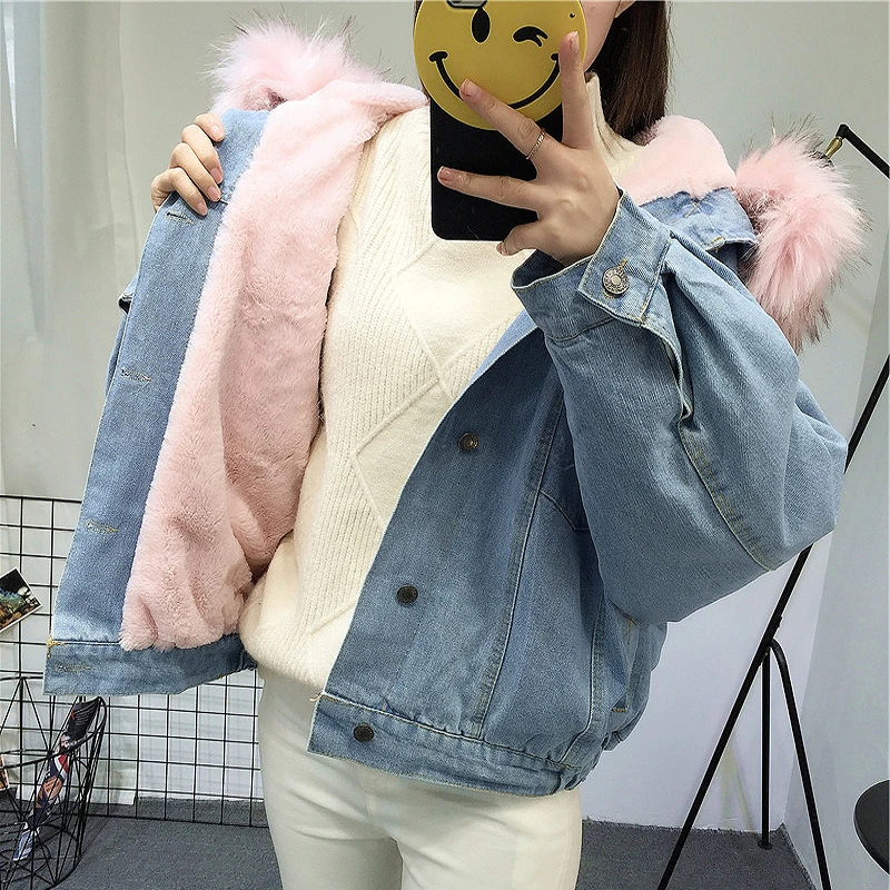 Velvet Thick Denim Jacket Big Fur Collar Short Coat | Coins Shopy