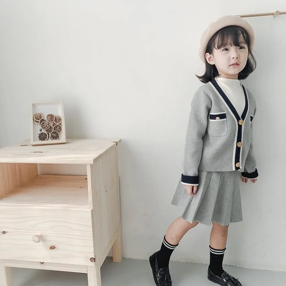 Лидер продаж; Модная одежда для маленьких девочек; детский вязаный кардиган с длинными рукавами в британском стиле; свитер; куртка; одежда
