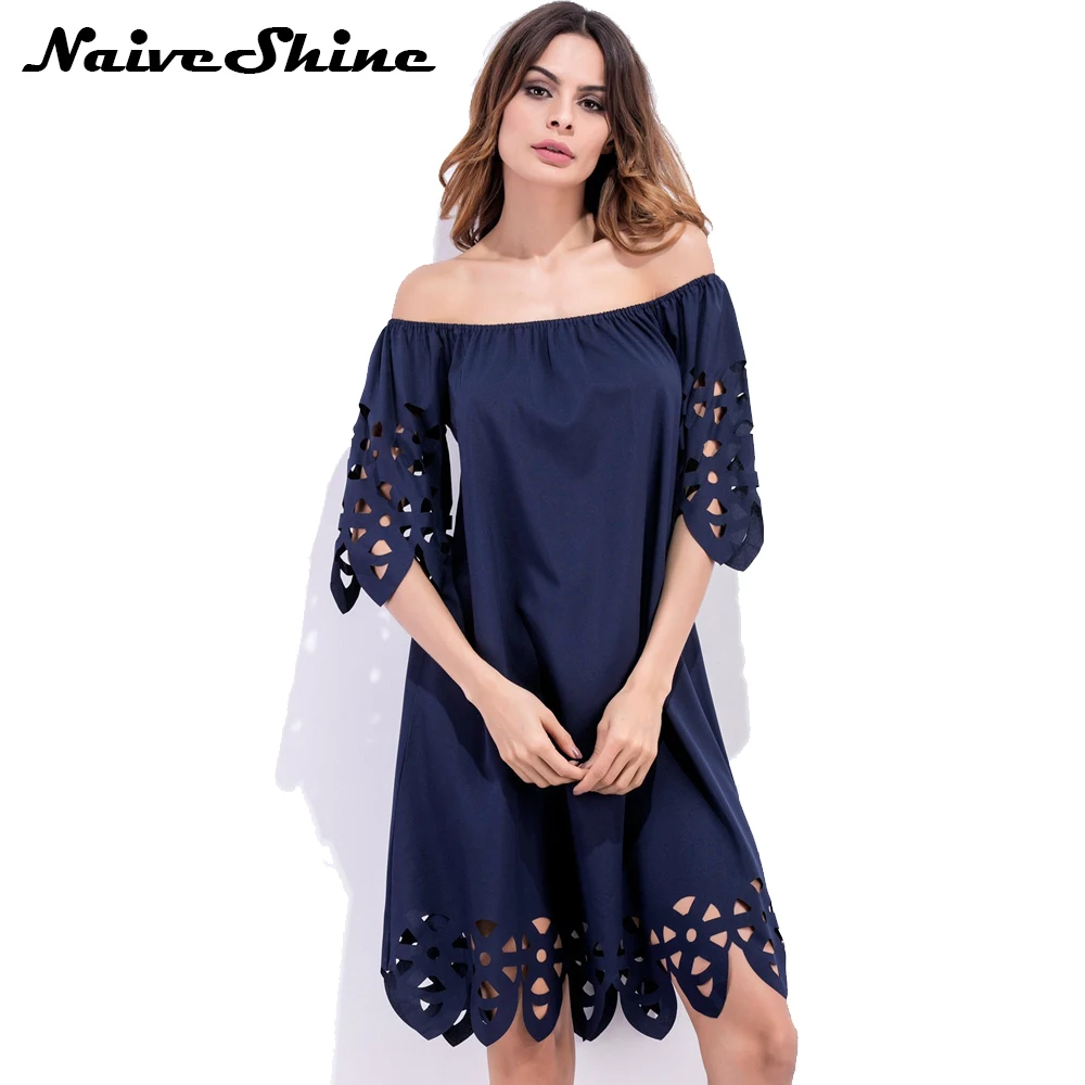 

Naive Shine Ladies Elegant Slash Neck 2017 Summer Dress Sexy Hollow Short Sleeve Beach Casual Womens Night Club Party Dresses