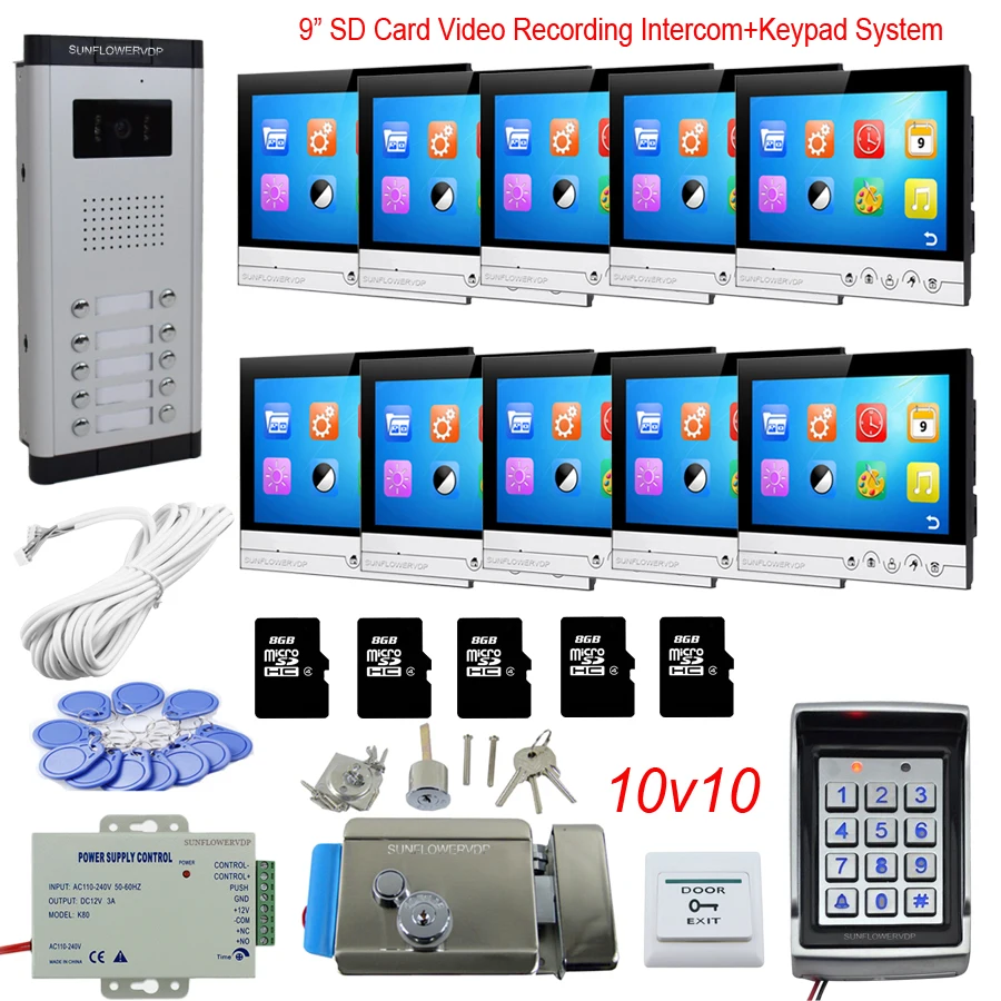 Управление доступом клавиатура системы 10 квартиры домофона видеодомофоны с замком 9 "цвет 8 Гб SD карты Дверной звонок с записью данных