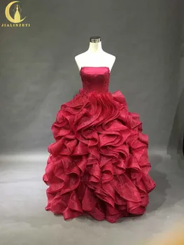 

2016 New Arrival Sexy Strapless Wine Red Lace Organza Ball Gown Formail Evening Dresses for Party