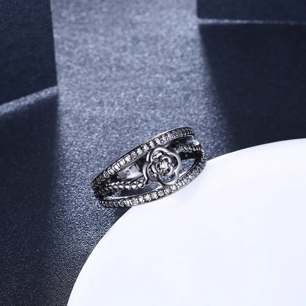 Rose Design With Cubic Zirconia Party Accessorise Black Gun Color Rings For Women Fashion Jewelry (JewelOra RI103323)