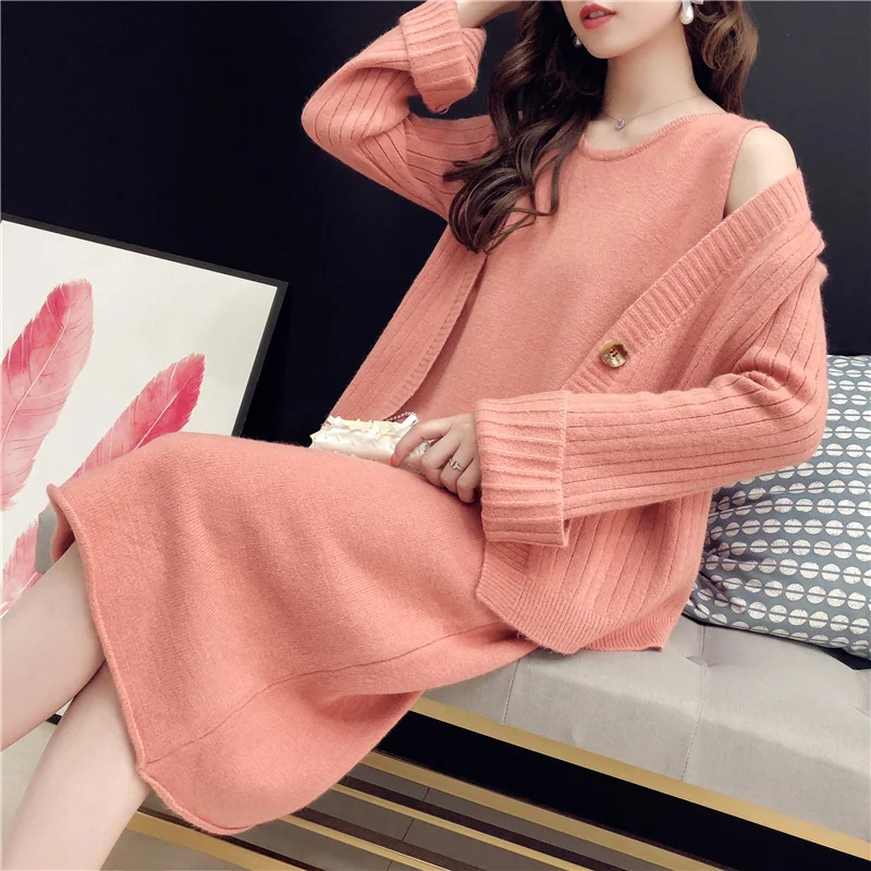 HAMALIEL New Arrival Fall Winter Suits Orange Knitting Single Breasted Loose Cardigan + Sleeveless Midi Split Women Skirt Suits HAMALIEL New Arrival Fall Winter Suits Orange Knitting Single Breasted Loose Cardigan + Sleeveless Midi Split Women Skirt Suits