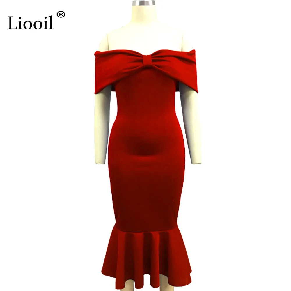 Liooil/Вечерние платья с открытыми плечами и оборками; Цвет черный, синий, красный; облегающее платье миди с бантом и вырезом лодочкой; пикантные Клубные летние элегантные женские платья