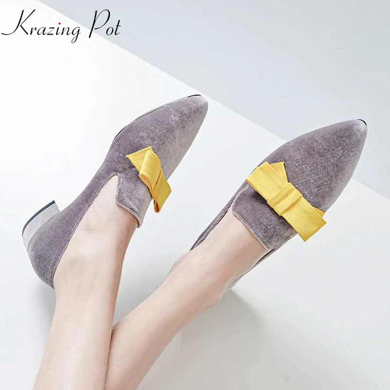 2018 hot sale krazing pot brand Autumn shoes velvet classical pointed toe thick low heels butterfly plus size women pumps L02 2018 hot sale krazing pot brand Autumn shoes velvet classical pointed toe thick low heels butterfly plus size women pumps L02