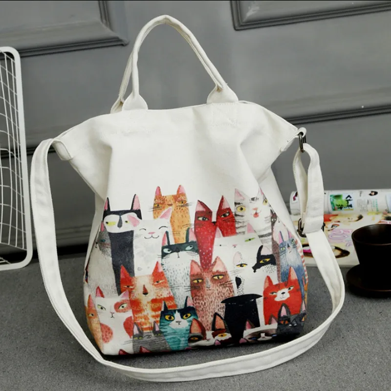 Cartoon Cat Printed Women Large Capacity Canvas Handbag Shoulder Bag jian 