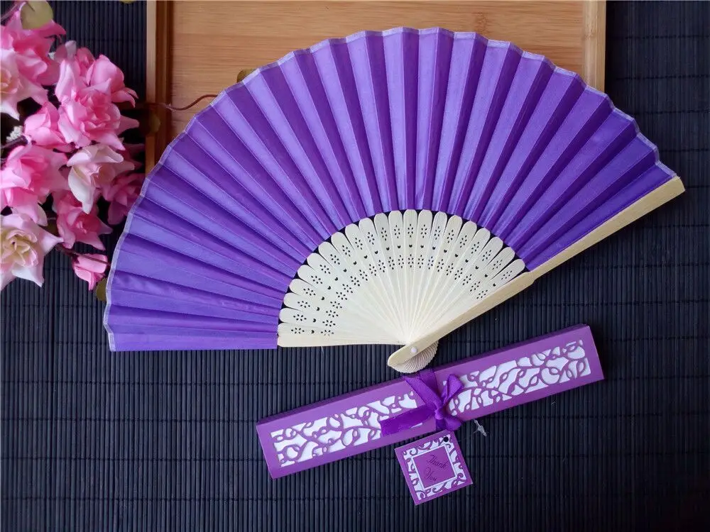 30 pcs/lot Personalized Luxurious Silk Fold hand Fan in Elegant Laser-Cut Gift Box+Party Favors/wedding Gifts+printing