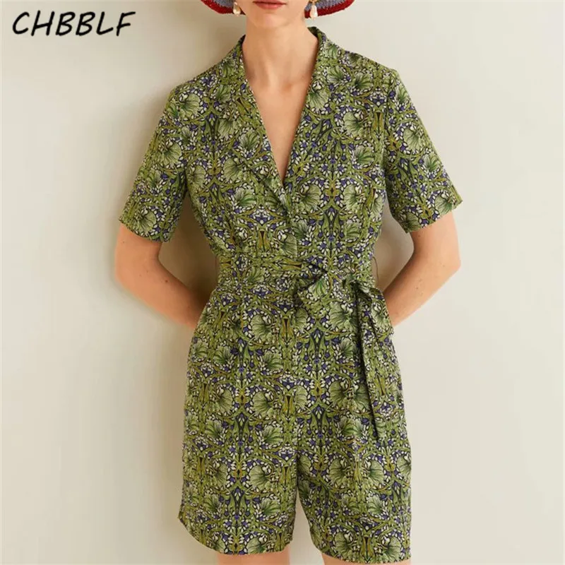 

CHBBLF women floral print playsuits bow tie sashes notched collar pockets female casual rompers summer chic jumpsuits XDN8769