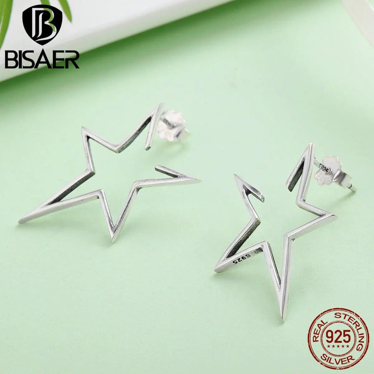 BISAER, 925 пробы, серебро, современный Звездный светильник, геометрические серьги-гвоздики для женщин, свадебные ювелирные изделия из стерлингового серебра ECE107