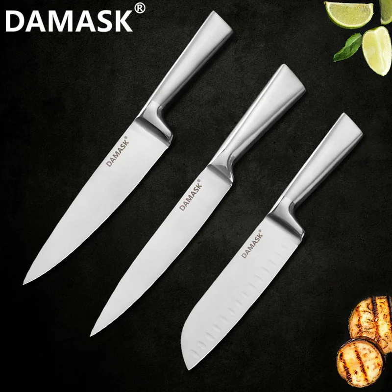 Дамасский Европейский нож для очистки овощей Santoku для нарезки хлеба шеф-повара, нож для мяса, набор кухонных ножей 3Cr13Mov, набор ножей из нержавеющей стали - Цвет: 3 PCS