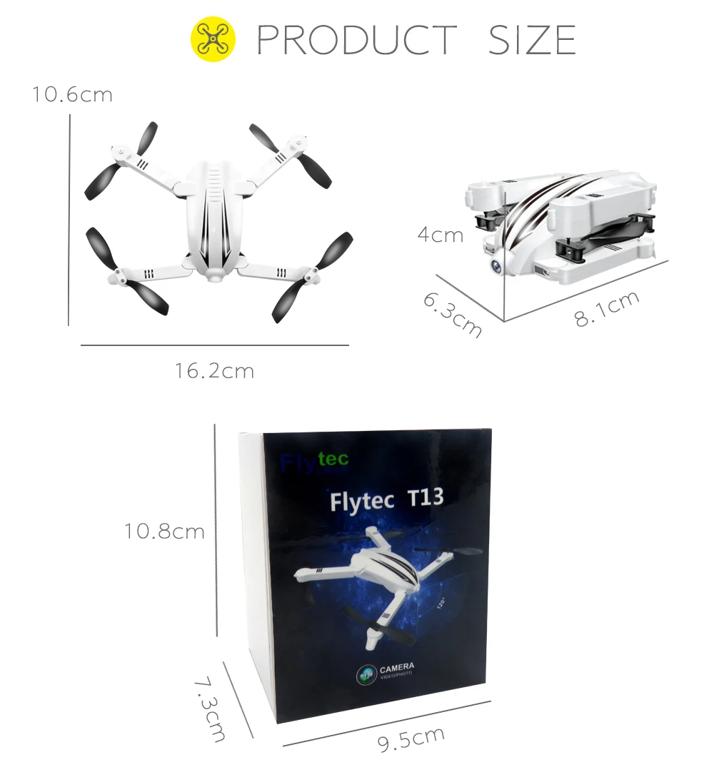 

JMT Flytec T13 2.4G 6 -Axis 3D Foldable Arm Pocket Drone WIFI FPV with HD 720P Wide Angle Camera Hight Hold Mode RC Helicopter