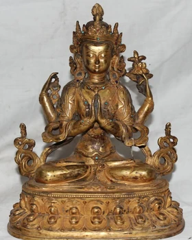 

fast shipping USPS to USA S2537 9" Tibet Tibetan Monastery Bronze 24K Gilt 4 Hands Arms Chenrezig Buddha Statue