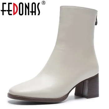 

FEDONAS 2021 Promotional Winter Autumn Women Boots Platforms Square Heel Ankle Boots Cow Leather Motorcycle Lady Ladies Shoes