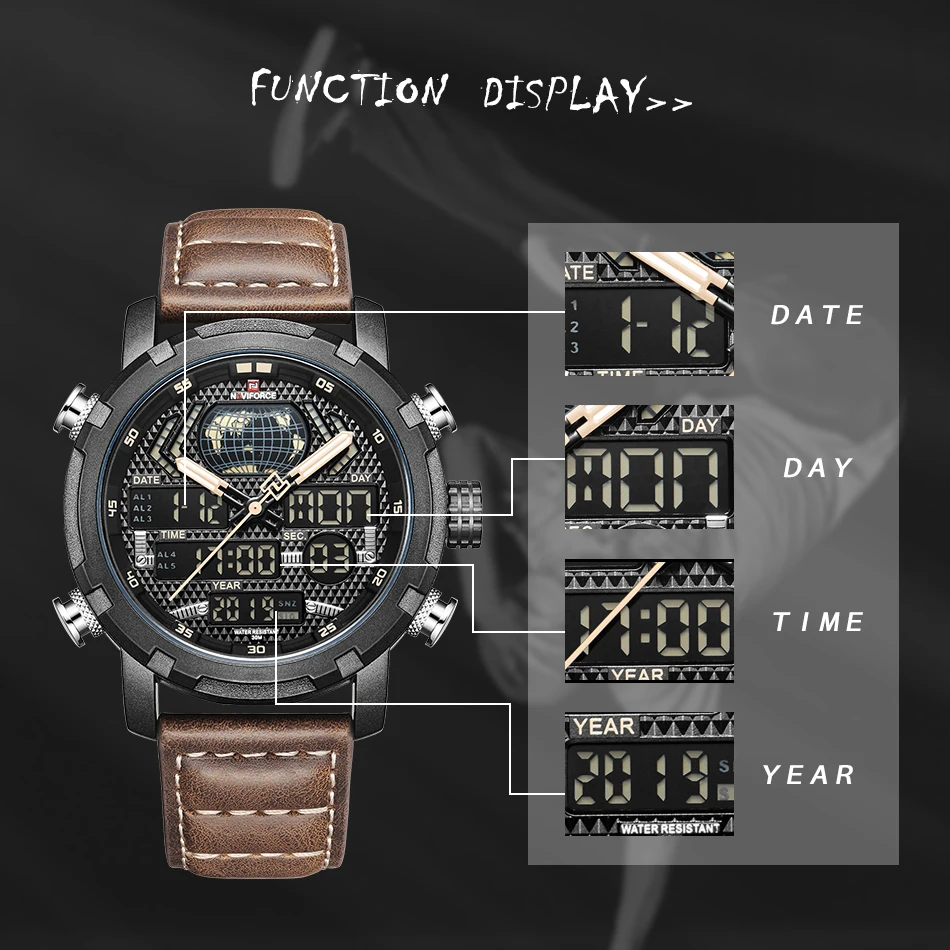 NAVIFORCE Mens Watches Top Brand Luxury Sport Watch Men Leather Strap 30M Waterproof Miliary Dual Display Wrist Watch Clock 2019