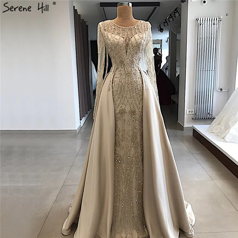 

Grey Long Sleeve Sexy Luxury Prom Dresses 2019 Mermaid Sequined Beading O-Neck Prom Gowns Real Photo BLA70174