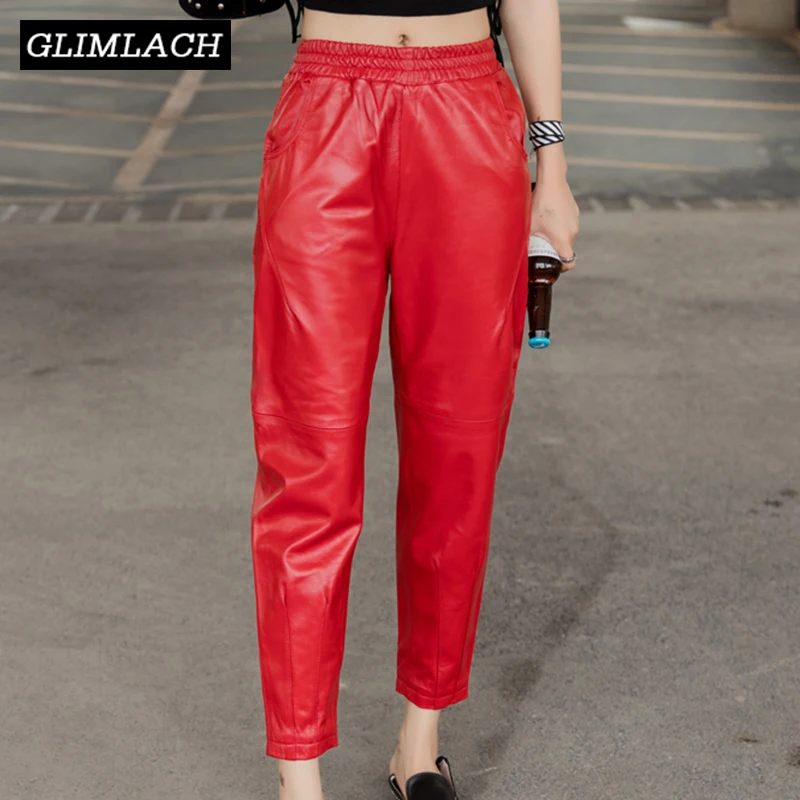 

Female Real Leather Pencil Pants Red Casual Autumn Sheepskin Genuine Leather Trousers Women 2019 New Plus Size 4XL Streetwear