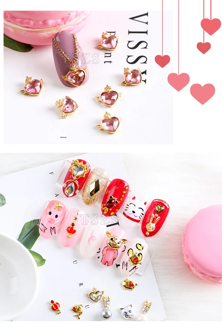 10pcs/lot New Year Feature Alloy Heart Fish Pig Rabbit Cat Head Nail Art 3d Jewelry Rhinestones Nail Tips Decorations