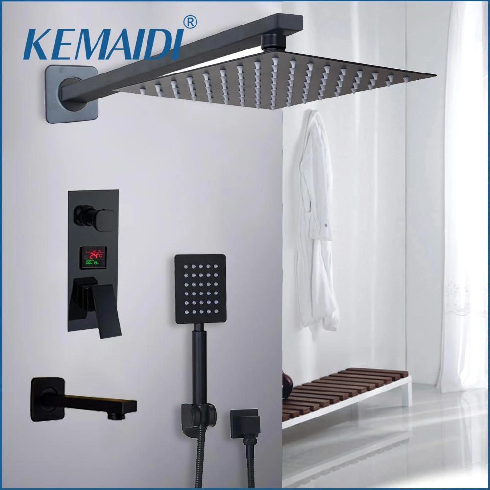 Kaufen KEMAIDI Bad Dusche Wasserhahn 3 Funktionen Schwarz Digital Dusche Armaturen Set Regen Dusche Kopf 2 weg Digital Display mischbatterie