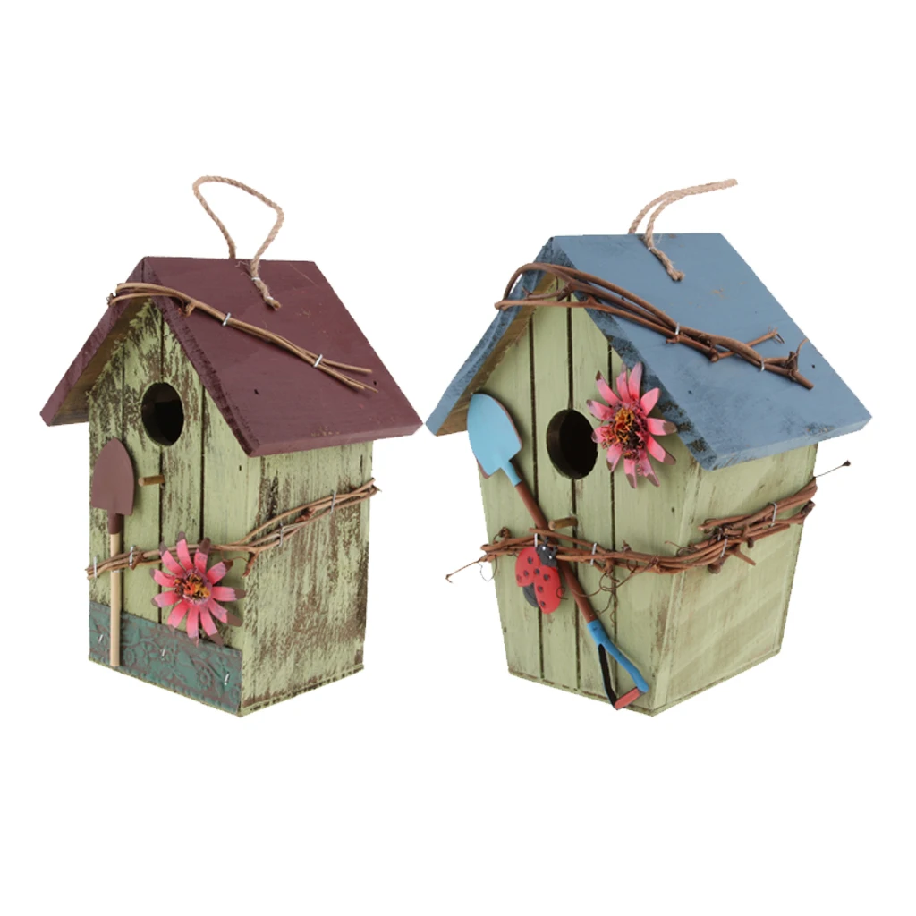 2 шт ручная роспись деревянный птичий домик с джутовый шнур, Висячие деревянные птичьи дома наружные садовые украшения - Цвет: multi