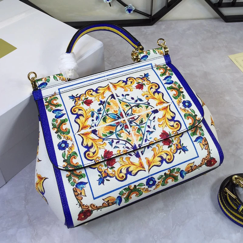 

Luxury Italy Brand Fower Painted Bags Lady Genuine Cow Leather Shoulder Bags Handbag Original Designer Famous Totes bolso mujer